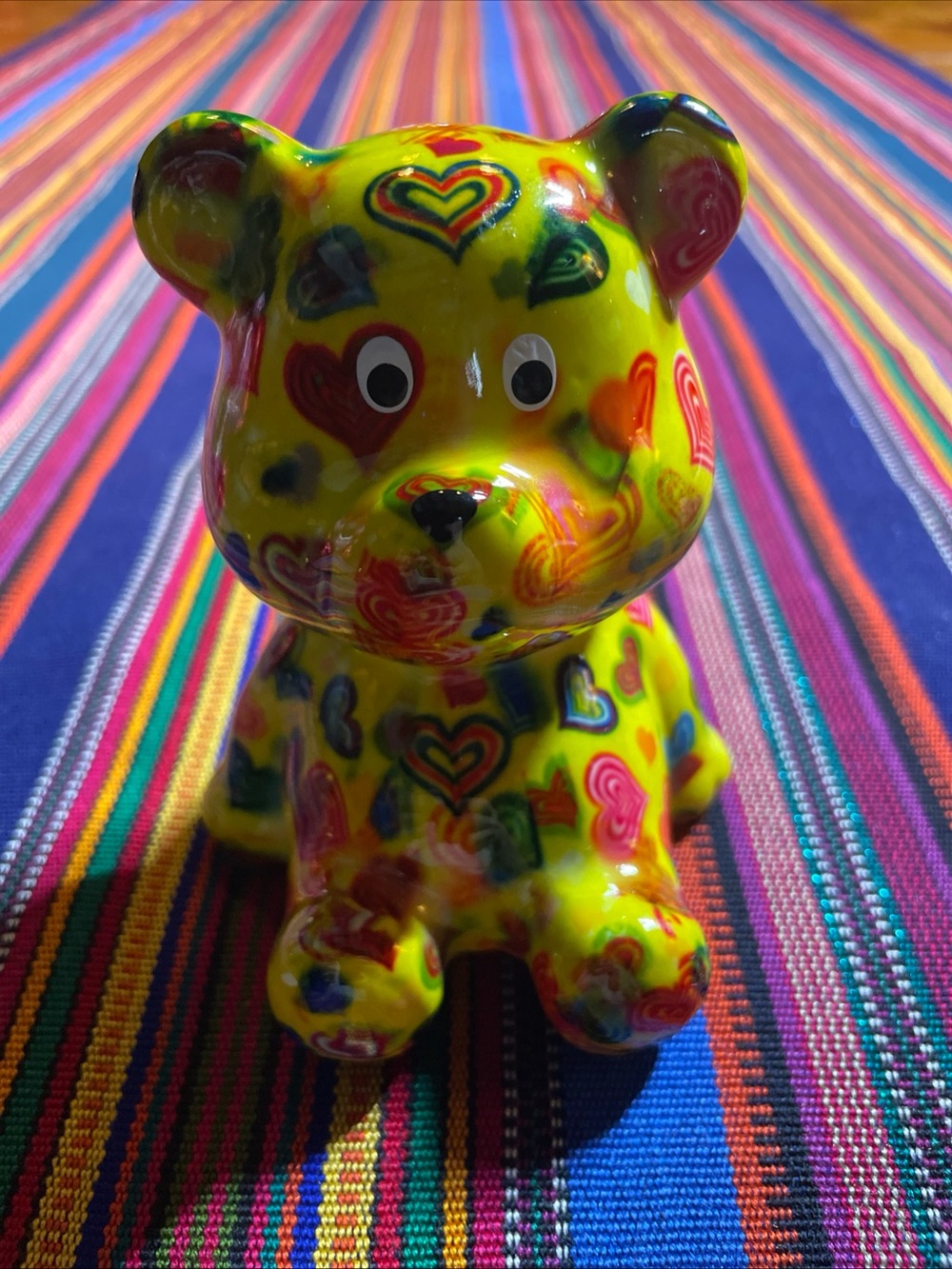 Pomme Pidou Yellow Heart-Pattern Kids Bear Toy - Piggy Coin Bank EUC